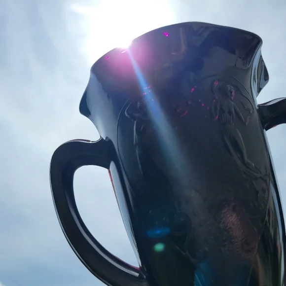 Vintage L.E. Smith Black Amethyst Glass Trophy Vase ~ Embossed Dancing Nymphs - Picture 3 of 16